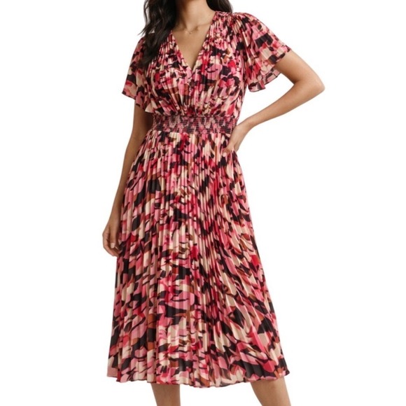 Express Dresses & Skirts - Preppy Academia Pleated A-line Midi Dress Smocked Maximalist Flutter Sleeve
